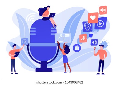 Radio advertising. Broadcasting station. Mass media marketing. Podcast content, marketing podcasts production, your content strategy concept. Pinkish coral bluevector isolated illustration