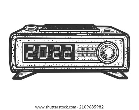 radio alarm clock with 2022 year time sketch engraving vector illustration. T-shirt apparel print design. Scratch board imitation. Black and white hand drawn image.