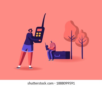 Radio Amateurs Male and Female Characters Communicate with Portable Walkie Talkie Having Fun Speaking to Each Other Outdoors. People Playing Use Radio Technologies. Cartoon Vector Illustration