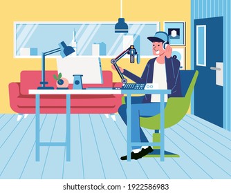 un locutor de radio haciendo transmisiones de radio en el estudio, estudio de radio, ilustración vectorial plana interior. utilizado para imágenes web, banner y otros