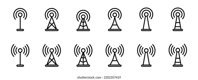 Radio-Antennensymbol. Antennensymbol-Set. Funkturmsymbole. Sammlung von Kommunikationstürmen. Funksignal-Symbole des Transmitterempfängers. Vektor EPS10