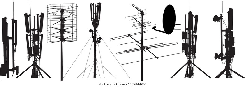 Radio antenna silhouette set vector. Isolated on white background
