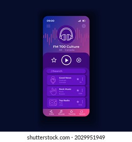 Radio appliation night smartphone interface vector template. Mobile app page design layout. Listen to music online screen. Podcast and news broadcasting. Flat UI for application. Phone display