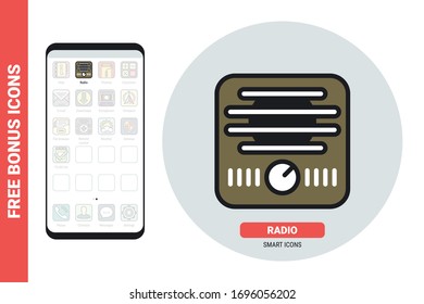 Radio application or receiver icon for smartphone, tablet, laptop or other smart device with mobile interface. Simple color version. Contains free bonus icons