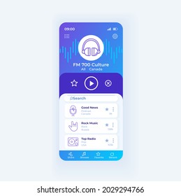 Radio application smartphone interface vector template. Mobile app page design layout. Radio broadcast online screen. Download fm application. Flat UI for application. Phone display