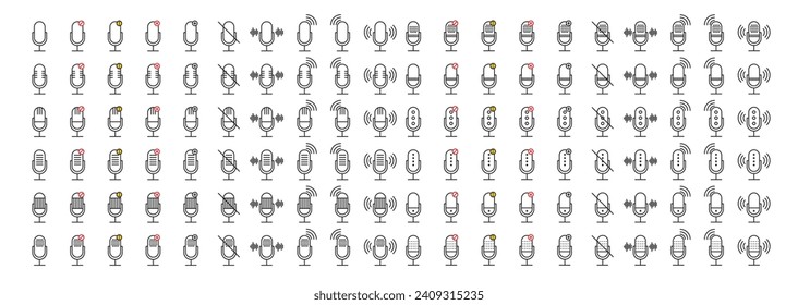 Radio audio mic vector buttons set. studio record mic icon. on and off microphone sign collection