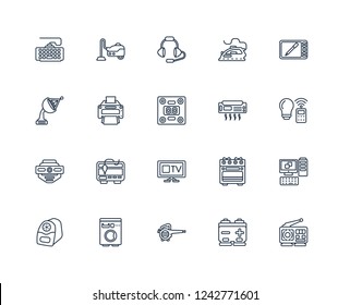 Radio, Battery, leaf blower, Washing machine, electric pencil sharpener, Graphic tablet, Air conditioner, Monitor, smoke detector, Printer, Headphones outline vector icons from 20 set