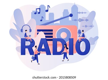 Radio - big text. Tiny people listening boombox On-air, audio, music, talk show, interviews of guest online. Retro old radio. Modern flat cartoon style. Vector illustration on white background