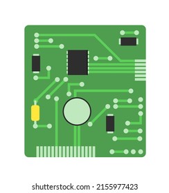 Radio board with elements and tracks. Element for circuit. Object isolated on white background. Electronics detail. Vector.
