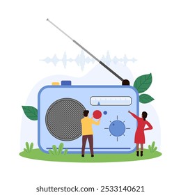 Transmisión de radio, noticias y espectáculos de música, publicidad en redes sociales. Las personas diminutas giran la perilla del receptor de radio retro para escuchar la estación de radio FM, usan la Ilustración vectorial de dibujos animados del dispositivo de audio antiguo portátil