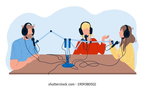 Radio Broadcast People Recording In Studio Vector. Man And Women Discussing And Record Broadcast On Air. Characters Talking In Microphone Electronic Equipment Flat Cartoon Illustration