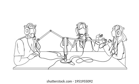 Radio Broadcast People Recording In Studio Black Line Pencil Drawing Vector. Man And Women Discussing And Record Broadcast On Air. Characters Talking In Microphone Electronic Equipment Illustration