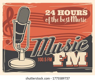 Radio broadcast poster, retro microphone of music studio podcast and FM live sound station, vector. Live radio broadcasting and entertainment media news, pop, rock and jazz, DJ on air