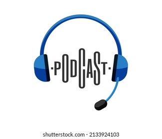 Radio broadcast studio logo. Blue headphones with podcast inscription stylized as equalizer sound wave . Live streaming podcasting and broadcasting symbol design concept. Vector eps illustration