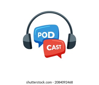 Radio broadcast studio logo. Headphones with chat speech bubbles and podcast inscription. On air live streaming podcasting and broadcasting design concept. Vector eps illustration