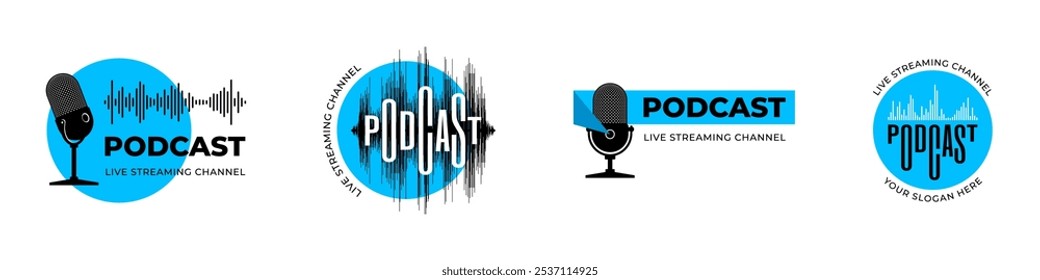 Radio broadcast studio logo set. Microphone with podcast inscription stylized as audio wave equalizer. Live streaming channel show podcasting and broadcasting mic logotype design template. Blue emblem