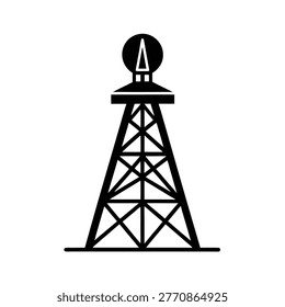 Radio broadcasting mast, engineering structure graphic, global communication network icon.