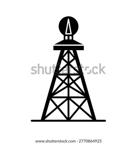 Radio broadcasting mast, engineering structure graphic, global communication network icon.