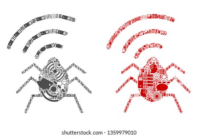 Radio Bug collage icons constructed for bigdata illustrations. Vector radio bug mosaics are composed from computer, calculator, connections, wi-fi, network icons into abstract collages.