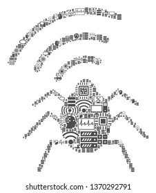 Radio Bug composition icon done for bigdata and computing purposes. Vector radio bug mosaics are combined from computer, calculator, connections, wi-fi, network,