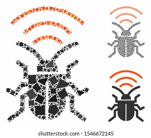 Radio bug composition of ragged parts in variable sizes and shades, based on radio bug icon. Vector ragged parts are organized into collage. Radio bug icons collage with dotted pattern.
