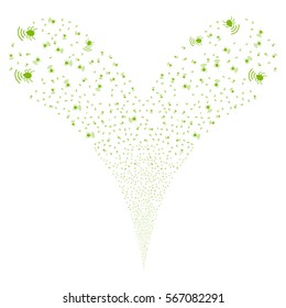 Radio Bug fireworks stream. Vector illustration style is flat eco green iconic symbols on a white background. Object double fountain done from random design elements.