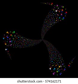 Radio Bug fireworks swirl rotation. Vector illustration style is flat bright multicolored iconic symbols on a black background. Object whirlpool made from random pictographs.