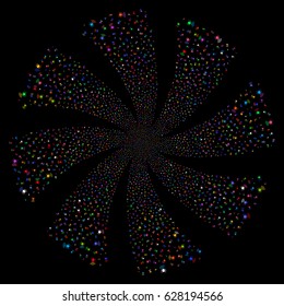Radio Bug fireworks swirl rotation. Vector illustration style is flat bright multicolored iconic symbols on a black background. Object spiral made from random design elements.