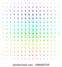 Radio Bug icon spectrum halftone pattern. Vector radio bug objects arranged into halftone grid with vertical spectrum gradient. Designed for backgrounds, covers and abstraction effects.
