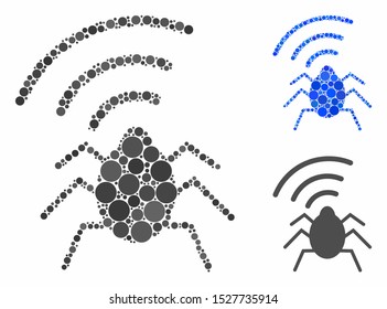 Radio bug mosaic of filled circles in different sizes and color tints, based on radio bug icon. Vector filled circles are grouped into blue illustration.