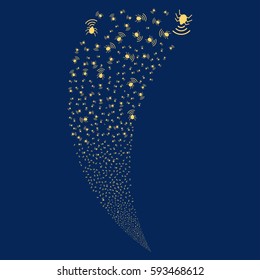 Radio Bug random fireworks stream. Vector illustration style is flat yellow iconic symbols on a blue background. Object fountain combined from scattered icons.