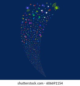Radio Bug random fireworks stream. Vector illustration style is flat bright multicolored iconic symbols on a blue background. Object fountain organized from scattered pictographs.
