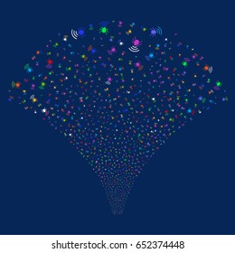 Radio Bug salute stream. Vector illustration style is flat bright multicolored iconic symbols on a blue background. Object fireworks fountain combined from random symbols.