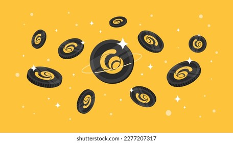 Radio Caca coins falling from the sky. RACA cryptocurrency concept banner background.