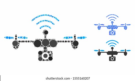 Radio camera airdrone composition of circle elements in different sizes and color tinges, based on radio camera airdrone icon. Vector circle elements are grouped into blue composition.
