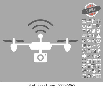 Radio Camera Airdrone icon with bonus calendar and time service pictures. Vector illustration style is flat iconic symbols, dark gray and white colors, silver background.