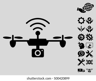 Radio Camera Airdrone pictograph with bonus setup tools pictograms. Vector illustration style is flat iconic symbols, black color, light gray background.