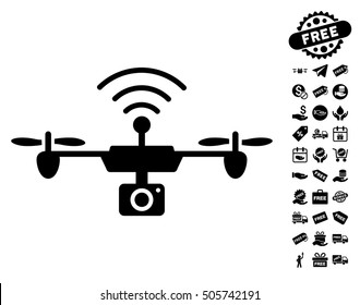Radio Camera Airdrone pictograph with free bonus design elements. Vector illustration style is flat iconic symbols, black color, white background.
