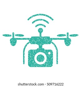 Radio Camera Drone grainy textured icon for overlay watermark stamps. Flat symbol with dust texture. Dotted vector cyan ink rubber seal stamp with grunge design on a white background.