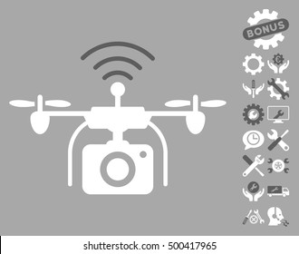 Radio Camera Drone icon with bonus service design elements. Vector illustration style is flat iconic symbols, dark gray and white colors, silver background.