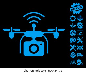 Radio Camera Drone icon with bonus tools graphic icons. Vector illustration style is flat iconic symbols, blue color, black background.