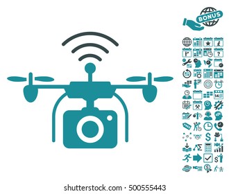 Radio Camera Drone icon with bonus calendar and time management graphic icons. Vector illustration style is flat iconic symbols, soft blue colors, white background.