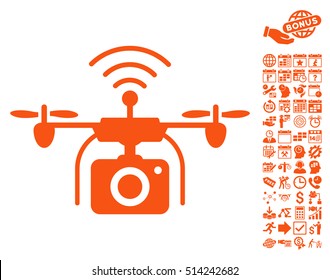 Radio Camera Drone icon with bonus calendar and time service clip art. Vector illustration style is flat iconic symbols, orange color, white background.