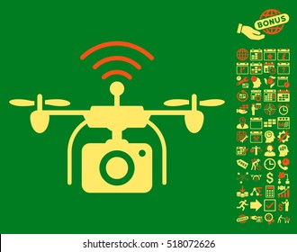 Radio Camera Drone icon with bonus calendar and time management graphic icons. Vector illustration style is flat iconic symbols, orange and yellow colors, green background.