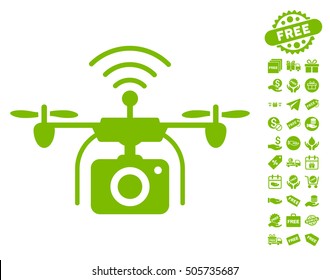 Radio Camera Drone icon with free bonus graphic icons. Vector illustration style is flat iconic symbols, eco green color, white background.