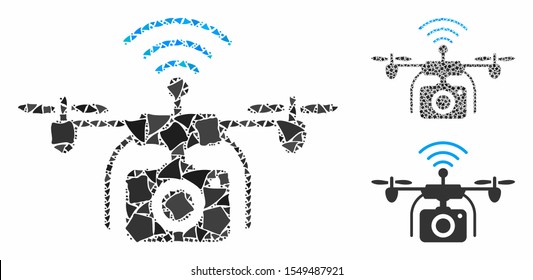 Radio camera drone mosaic of irregular parts in various sizes and color hues, based on radio camera drone icon. Vector irregular parts are combined into composition.