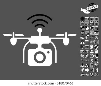 Radio Camera Drone pictograph with bonus calendar and time management images. Vector illustration style is flat iconic symbols, black and white colors, gray background.