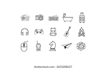 Radio camera keyboard bathtub suitcase headphones controller backpack guitar campfire mouse walkie talkie chess paper airplane puzzle