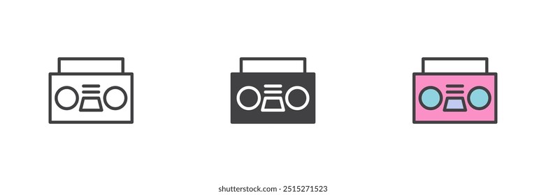 Radio, reproductor de cassette, conjunto de iconos de estilo diferente. Línea, glifo y contorno relleno versión colorida, contorno y signo de Vector relleno. Símbolo, ilustración del logotipo. Gráficos de Vector