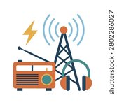 Radio Communication Network Illustration Containing radio transmitter, wireless signal, broadcasting technology, and flat illustration. Flat illustration